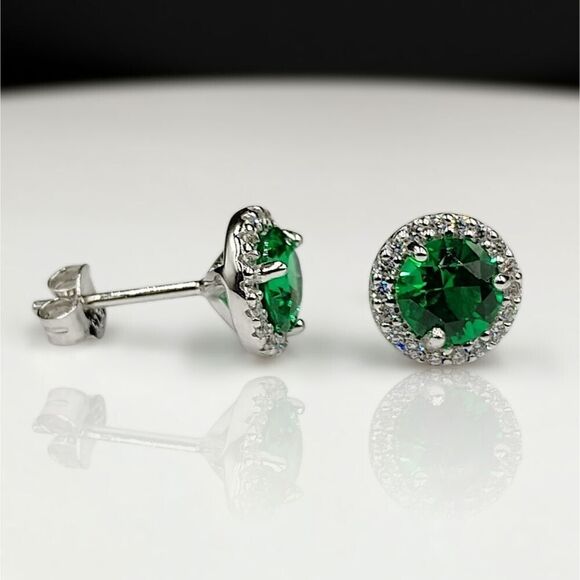 2.50CT Green Emerald Round Cut Halo Luxury Stud Earrings in Sterling Silver - Picture 6 of 11